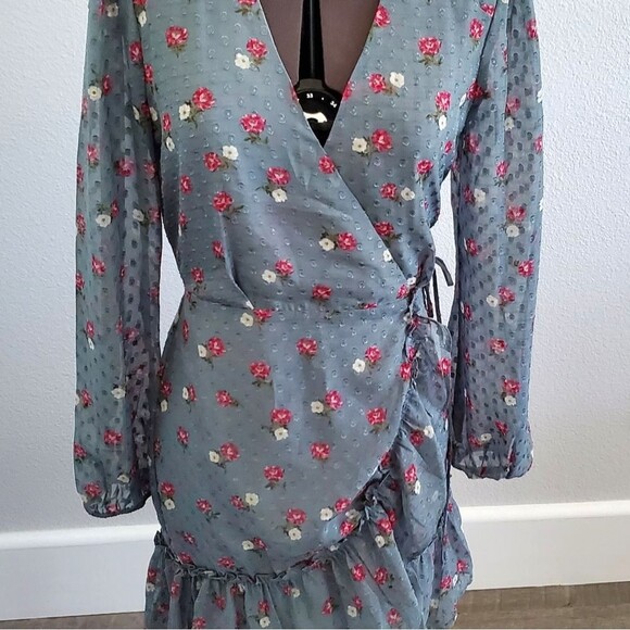 WAYF Women’s Wrap Dress XS Blue Pink Floral Long Sleeve Sheer Romantic - Picture 5 of 13